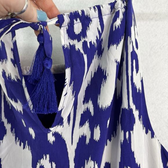 Athleta Women’s Sz XL Blue White Ikat Bloom Ripple Maxi Dress Back Tassels NWT - Picture 8 of 11